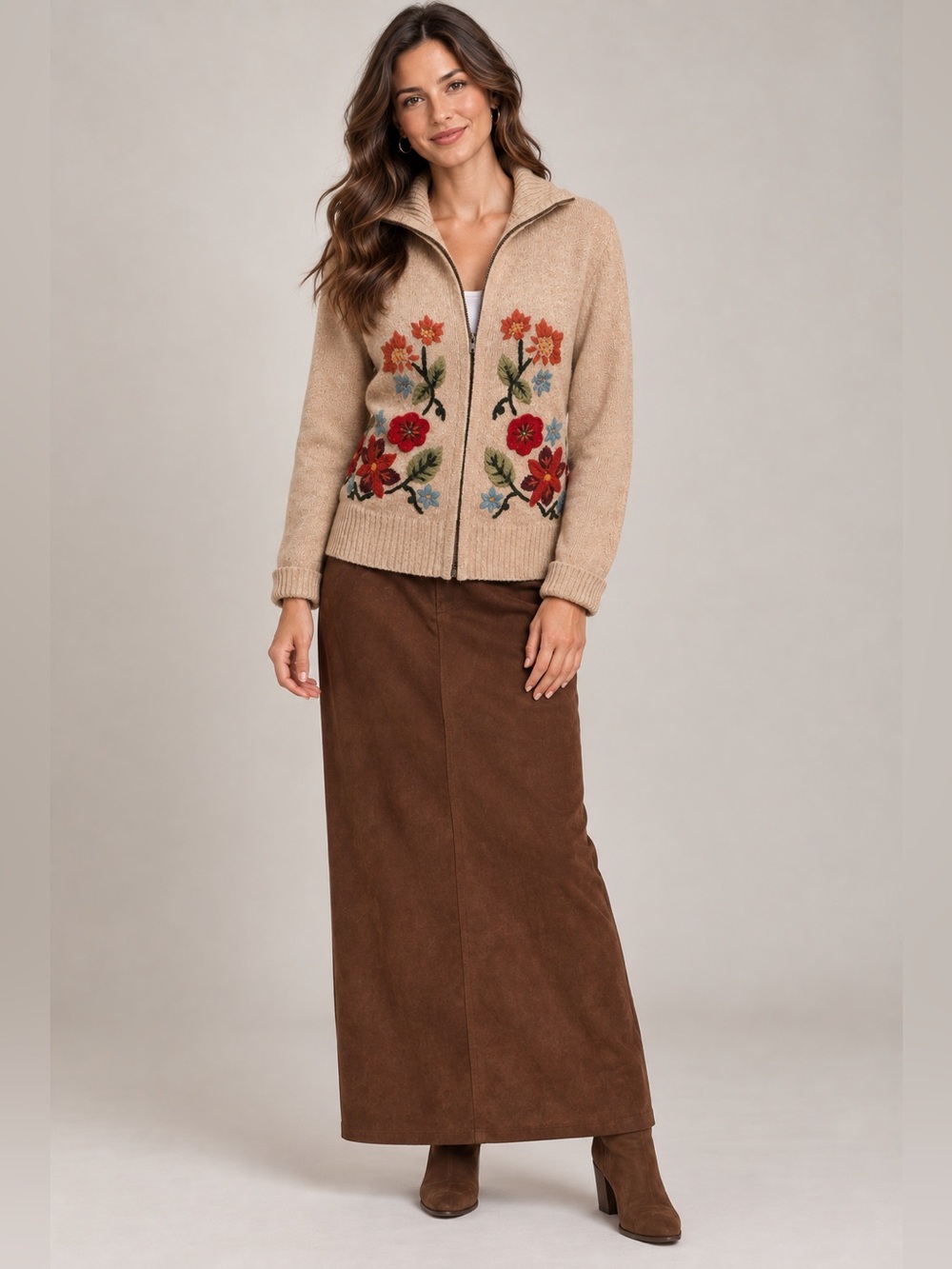 Tiara International sz S tan cardigan with 3D floral embroidery